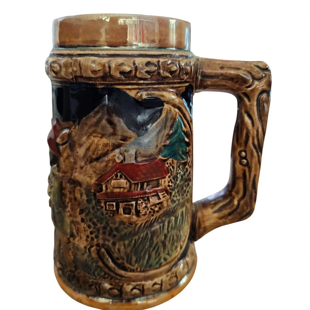 Vintage Ceramic Beer Stein Japan Tavern Scene Relief Alpine Mountain‎ Mug Brown